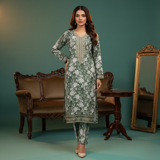 Green floral outfit - Front view with matching trousers