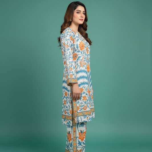 White Blue Orange Floral Set Side