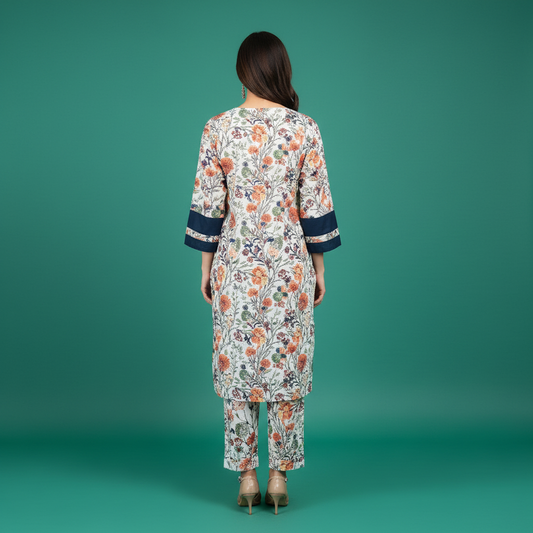 White Navy Blue Floral Set Back