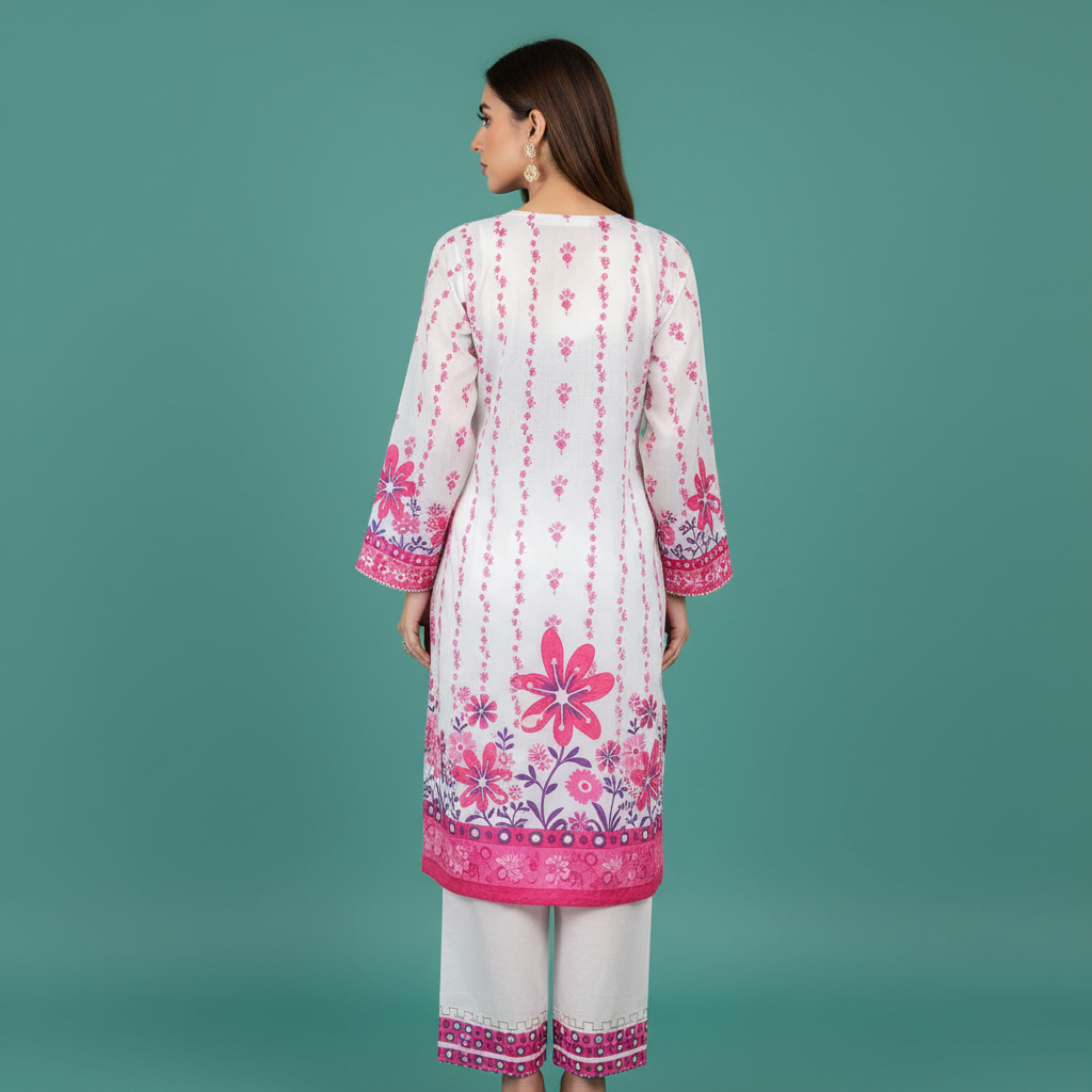 White Pink Printed Set Back