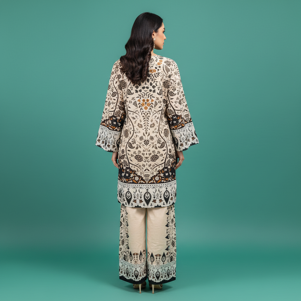 Beige Black Printed Set Back