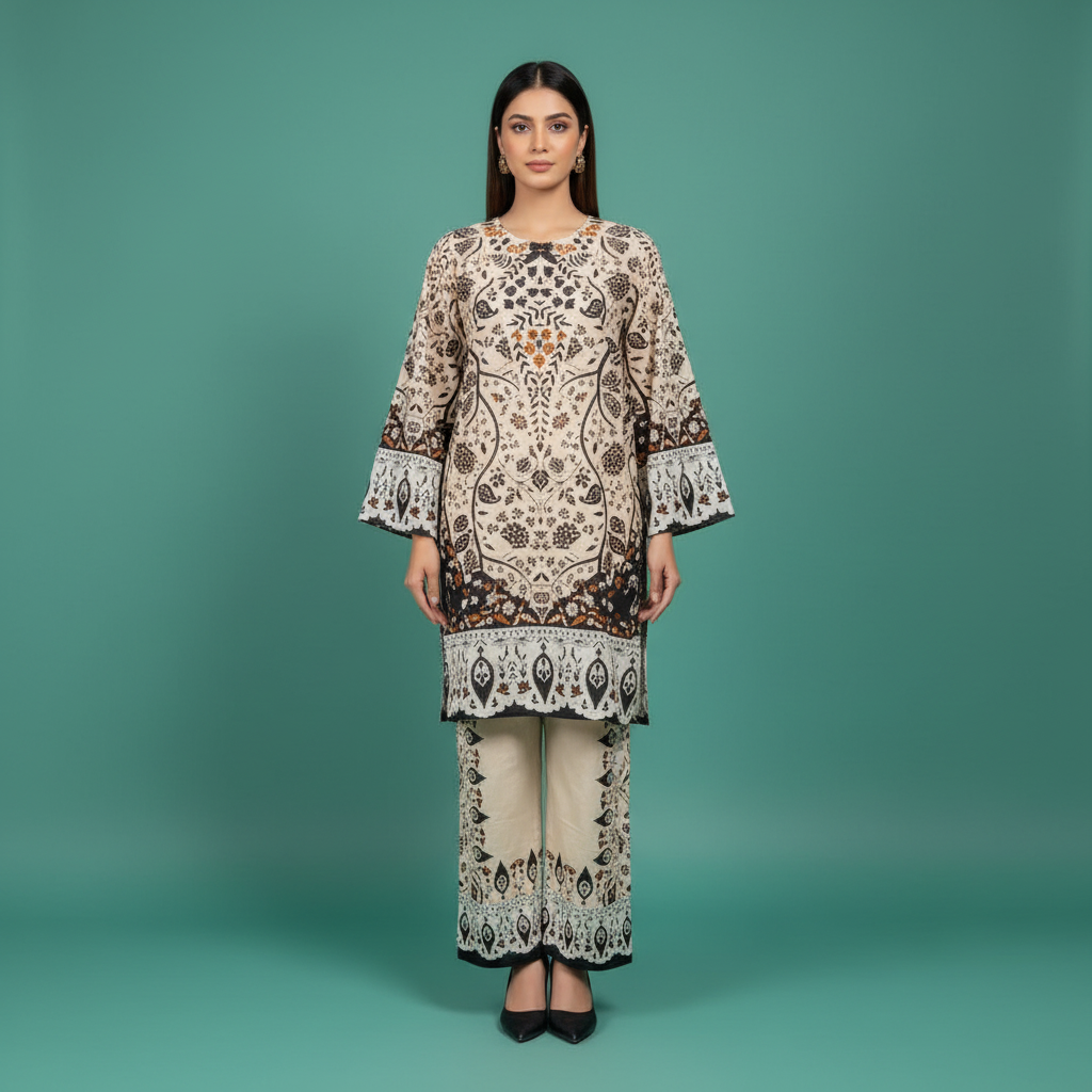 Beige Black Printed Set Front