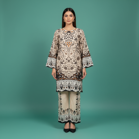 Beige Black Printed Set Front