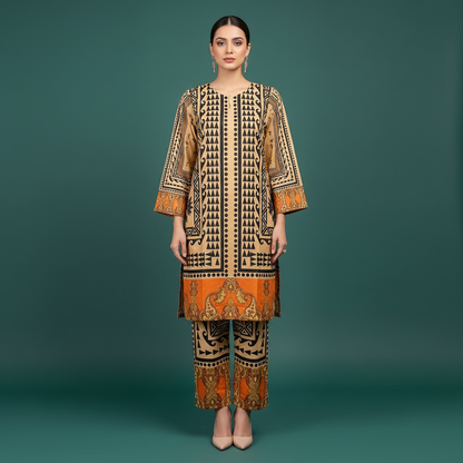 Beige Geometric Orange Set Front