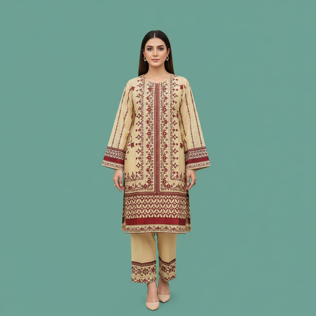 Beige Maroon Black Set Front