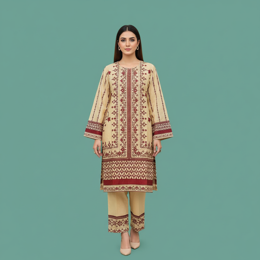 Beige Maroon Black Set Front