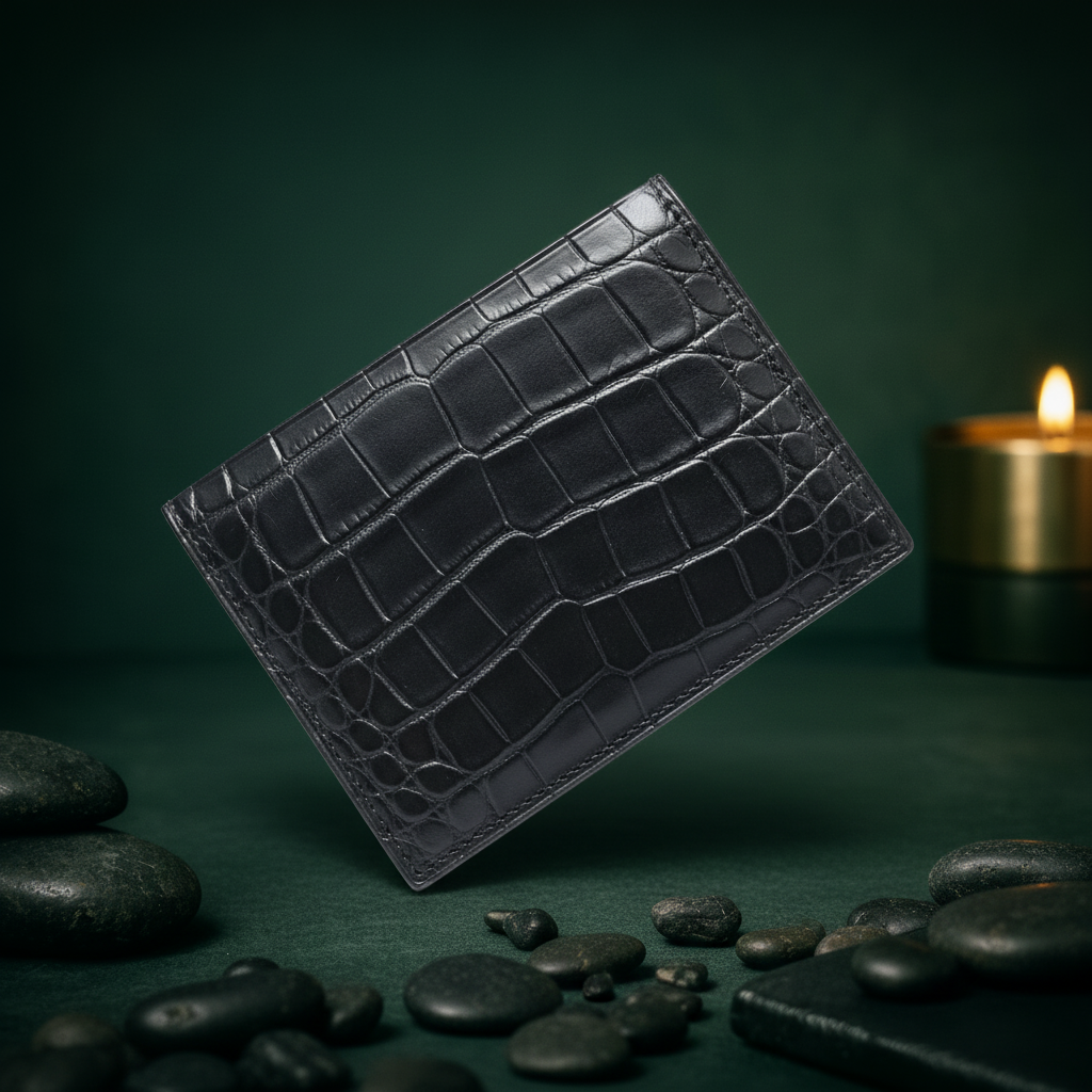 Black crocodile card holder with teal gradient background