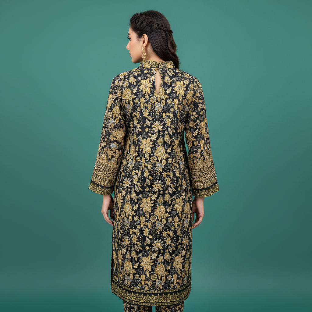 Black Gold Floral Dress Back