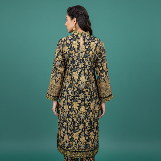 Black Gold Floral Dress Back