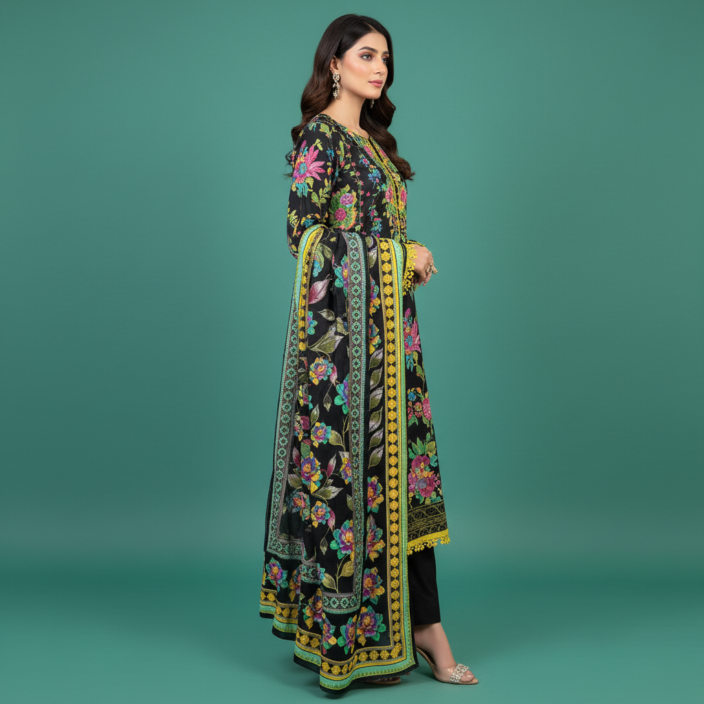 Black Multicolor Floral Dress Side