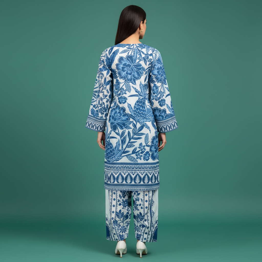 Blue White Floral Set Back - White Trousers