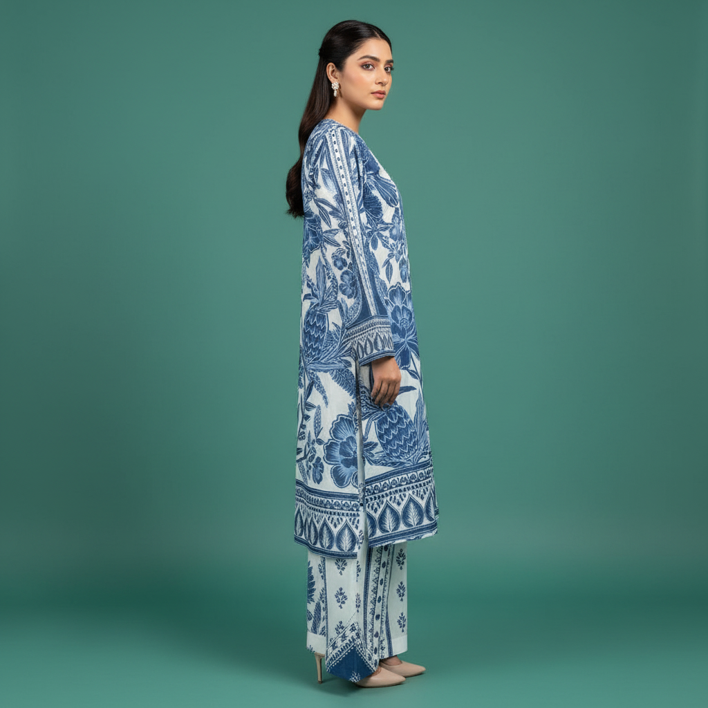 Blue White Floral Set Side - White Trousers