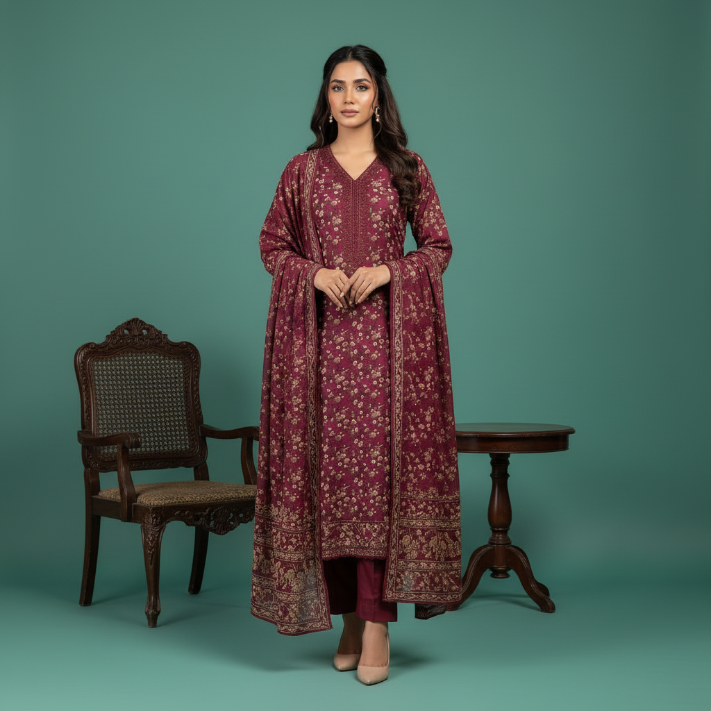 Burgundy floral outfit with dupatta - Front view