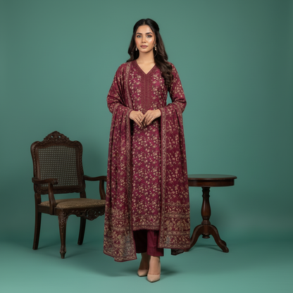 Burgundy floral outfit with dupatta - Front view