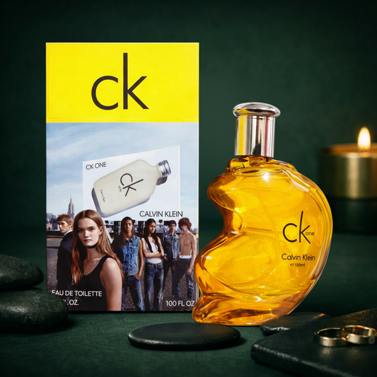 CK One bottle and box with teal background