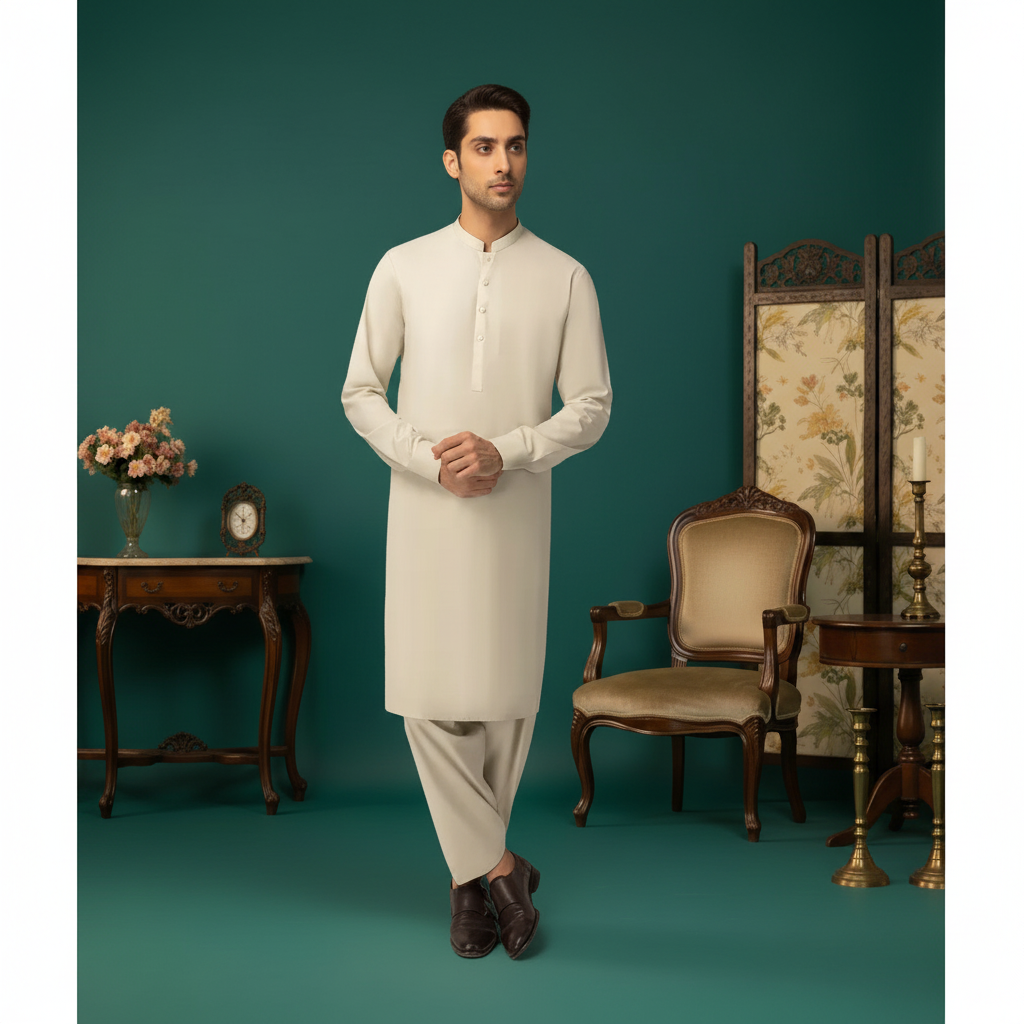 Cream Kurta Three-Quarter View