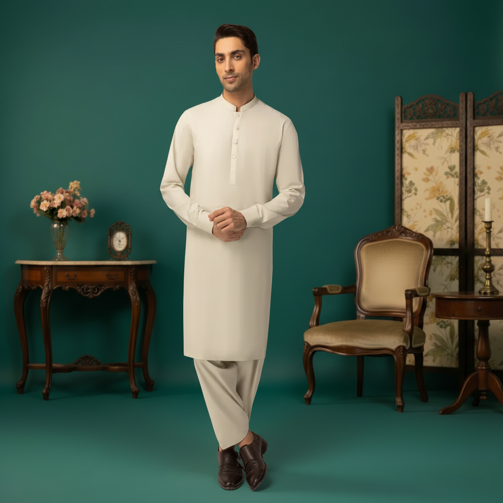 Cream Kurta with Teal Background