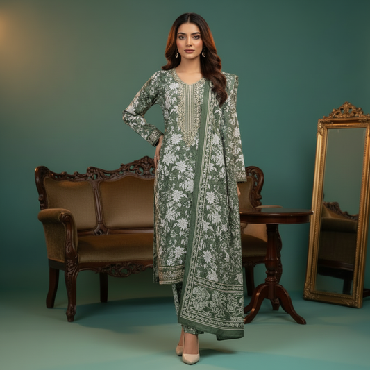 Green and white floral outfit with clean printed dupatta