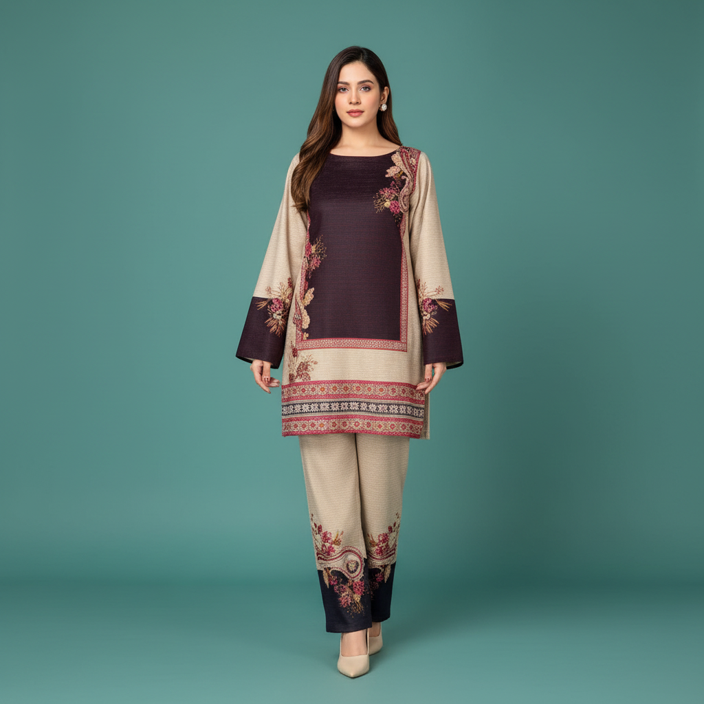 Maroon Beige Embroidered Set Front
