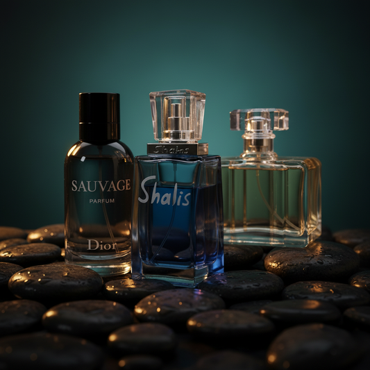 Perfume background with teal gradient and warm lighting