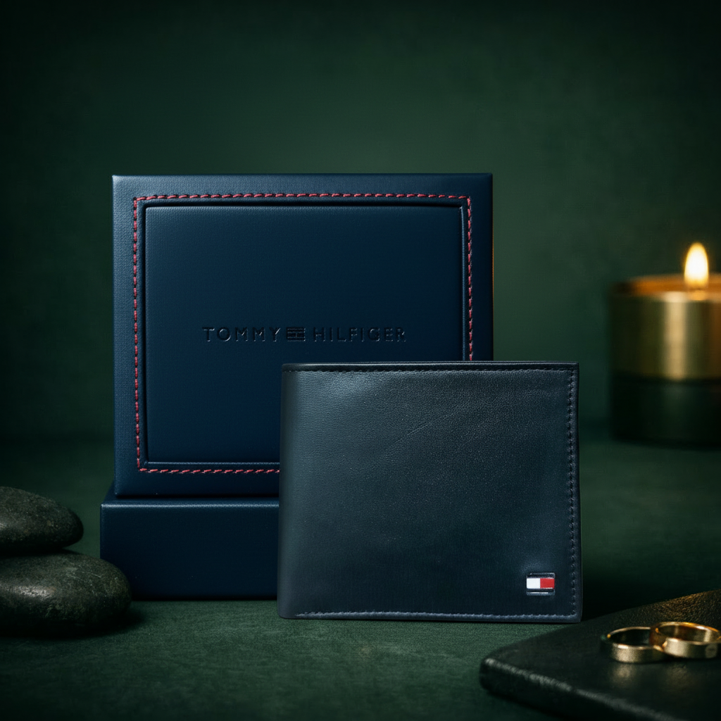 Tommy Hilfiger wallet with teal gradient background