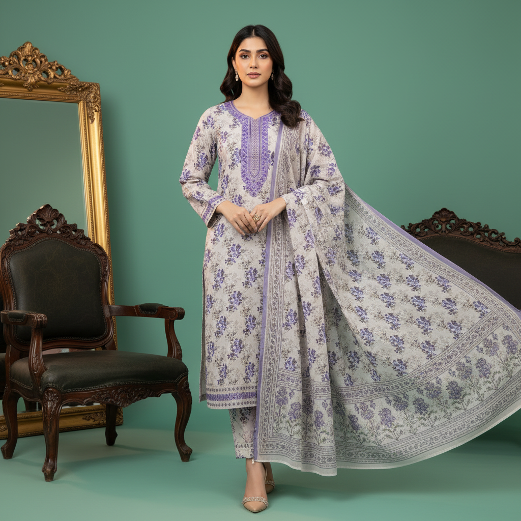 White and purple floral outfit with printed dupatta