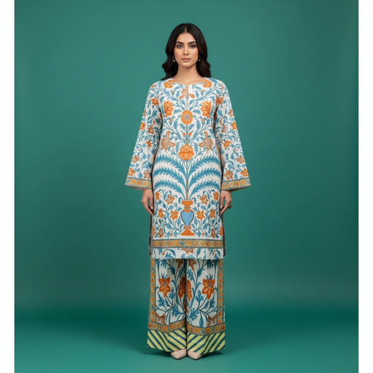 White Blue Orange Floral Set Front