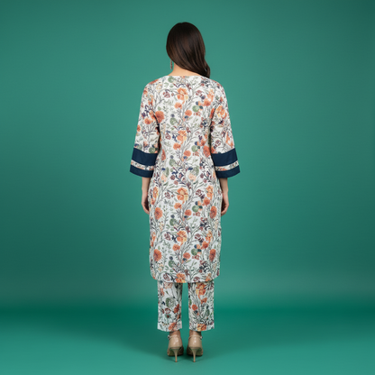 White Navy Blue Floral Set Back