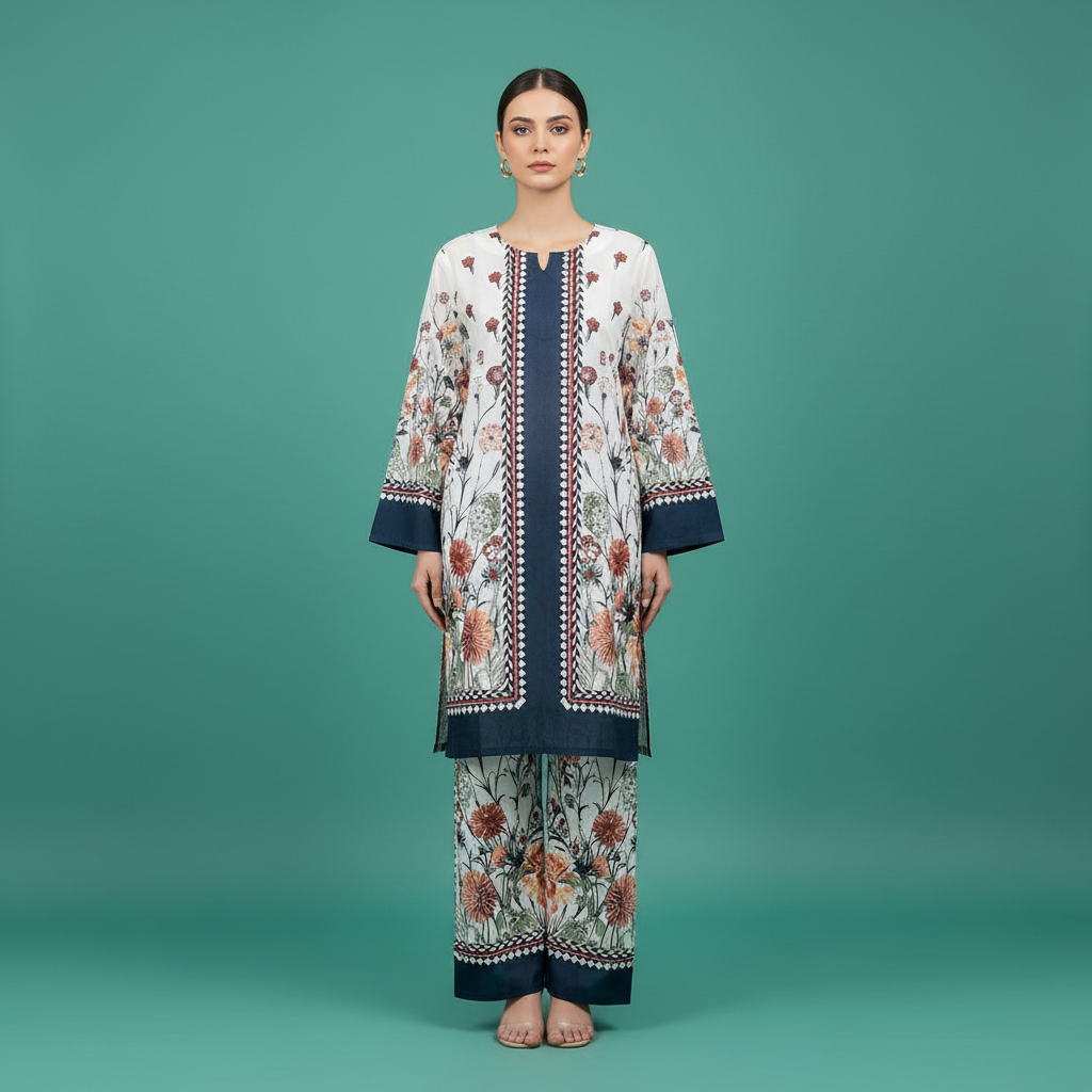 White Navy Blue Floral Set Front