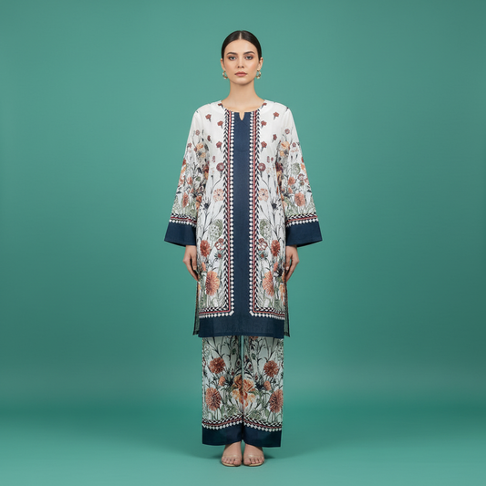 White Navy Blue Floral Set Front