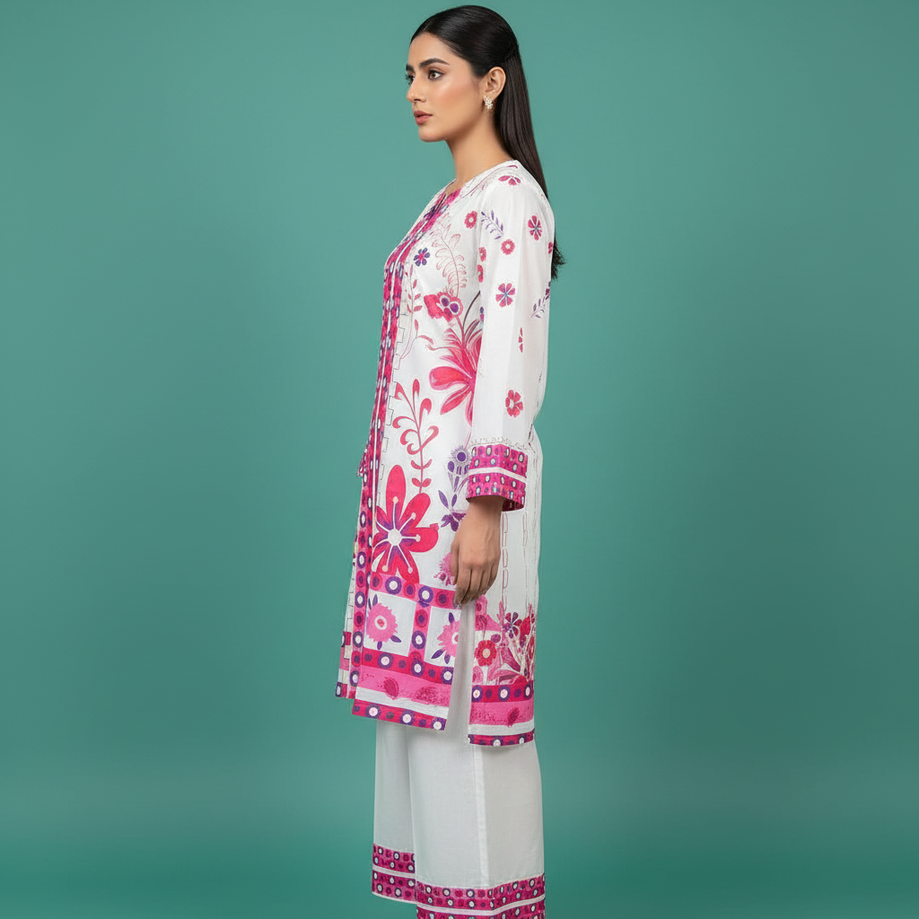 White Pink Printed Set Side - Matching Design