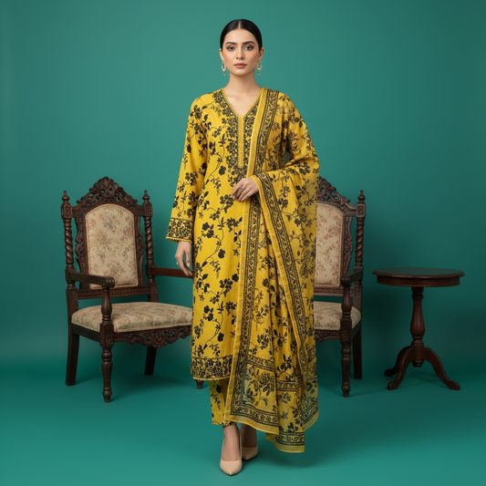 Yellow and black floral outfit with printed dupatta
