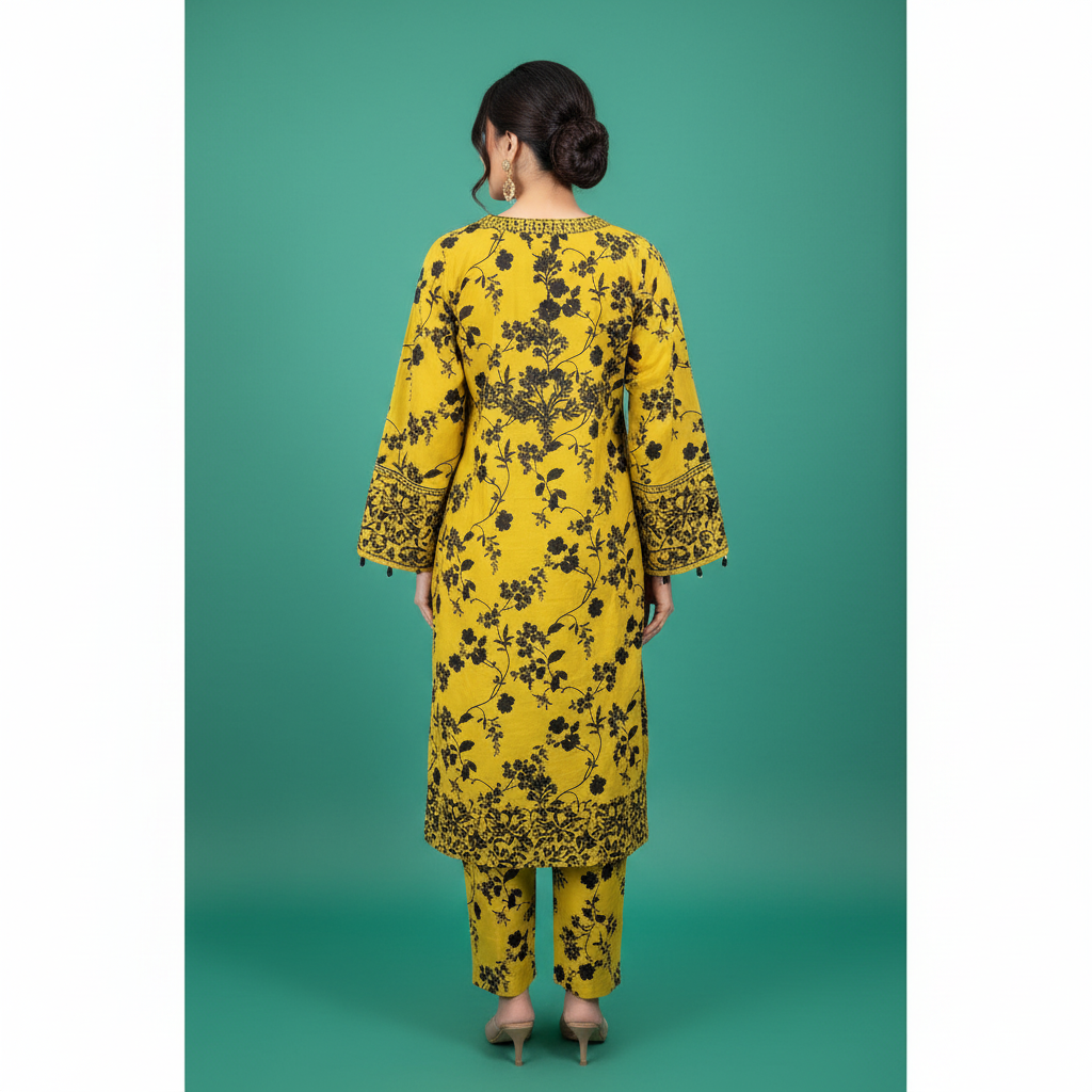 Yellow Black Floral Dress Back