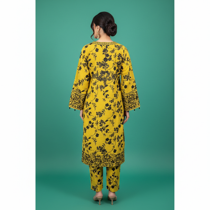 Yellow Black Floral Dress Back