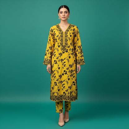 Yellow Black Floral Dress Front