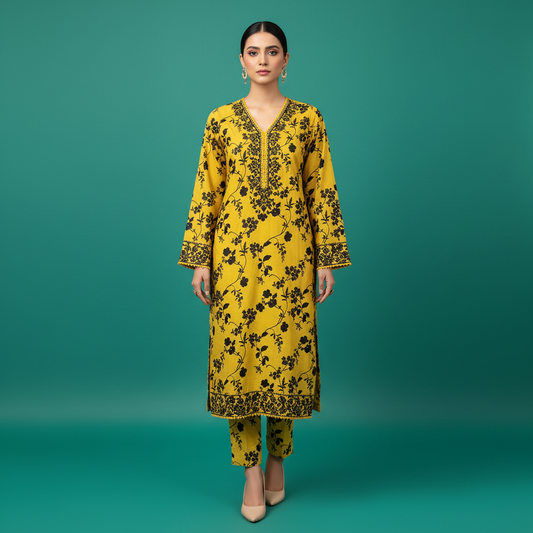 Yellow Black Floral Dress Front