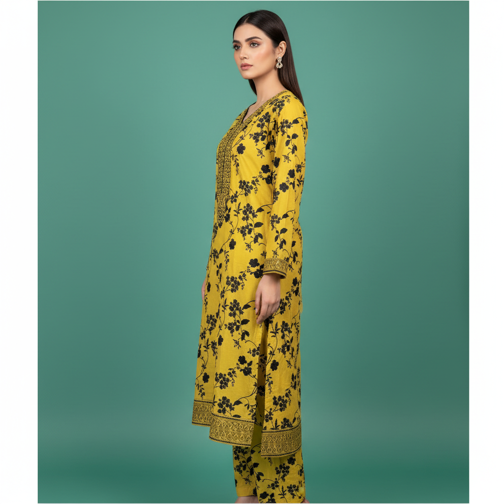 Yellow Black Floral Dress Side